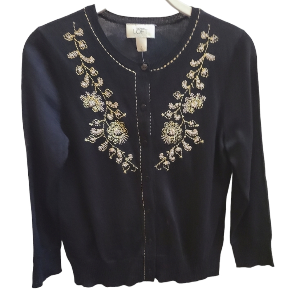 NWT Ann Taylor for LOFT Wool Blend Black Cardigan with Embroidery - Size S
